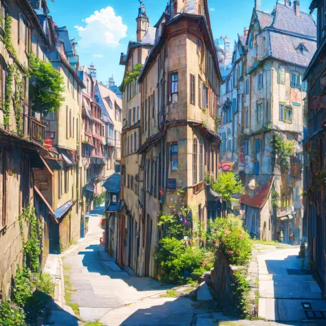 european style narrow street，like the wizarding world of harry potter， anime background art, anime style cityscape, magical and ...