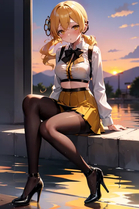 masutepiece, Best Quality, 1girl in, (Mami Tomoe), Blonde hair, poneyTail, length hair, (Yellow eyes:1.2), evening, Sunset,、((Black bra))、((pencil skirts))、((Office Suits))、((Blouse))、((Black miniskirt))、((pantyhose))、((high-heels))、((Whole body gets wet))...