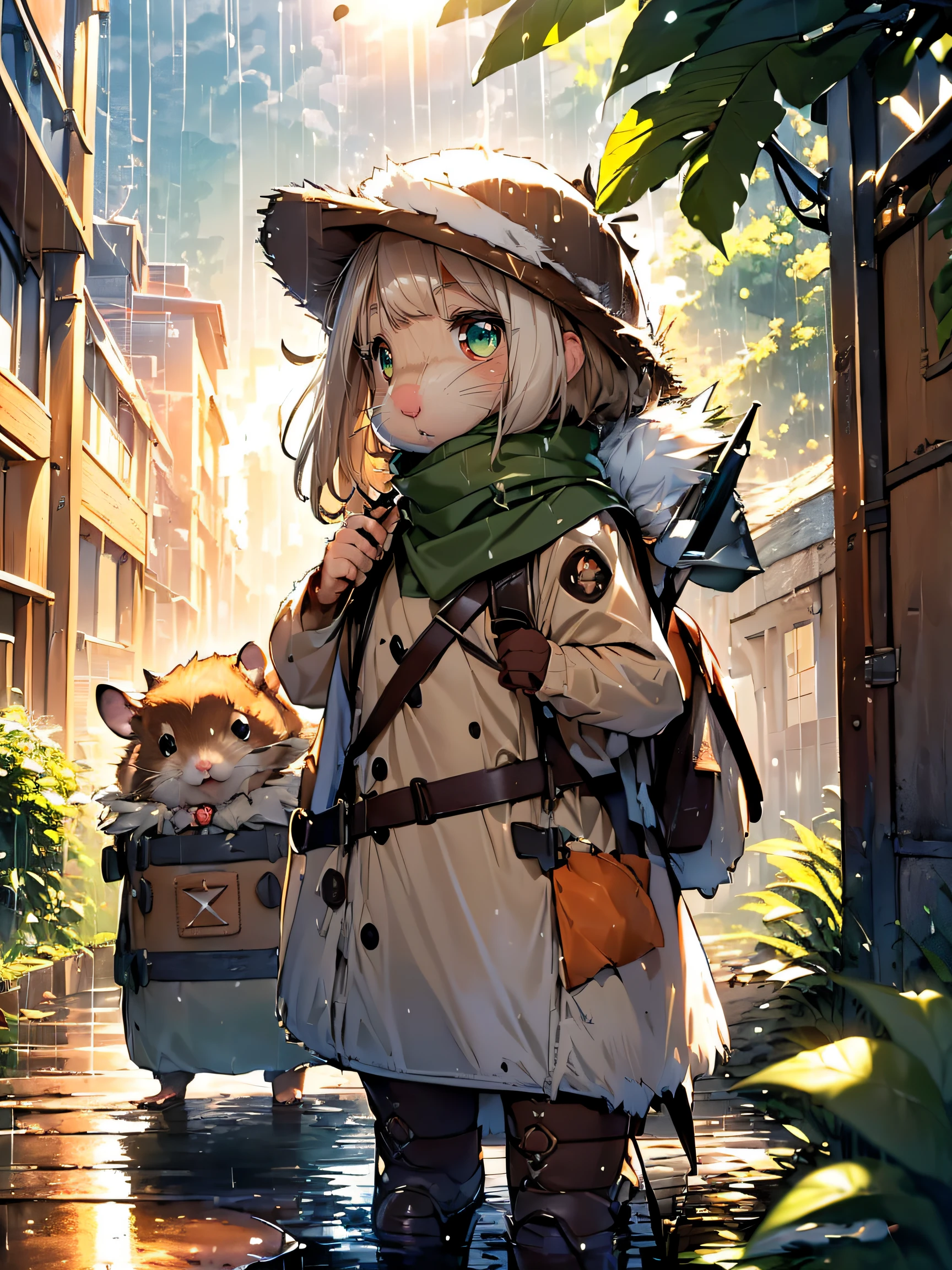 (hamster adventurer:1.2), (braunes und weißes Fell:1.4), ((Rucksack mit allem Nötigen, Mit allem kompatibel):1.5), ((leather hat, schützt vor Sonne und Regen):1.2), (grüner Schal:1.3), (Kompass:1.3), (lange Stiefel:1.2)