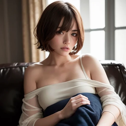 a girl with short brown hair laying on the sofa covered by blanket, clear eye, (look down at the viewer:0.8), detached sleeves, open mouth, bangs, white sleeves, white glove, blue hair, 1girl, shiny skin, (masterpiece;1.0), (photorealistic:1.4), (soft focus:1.2)