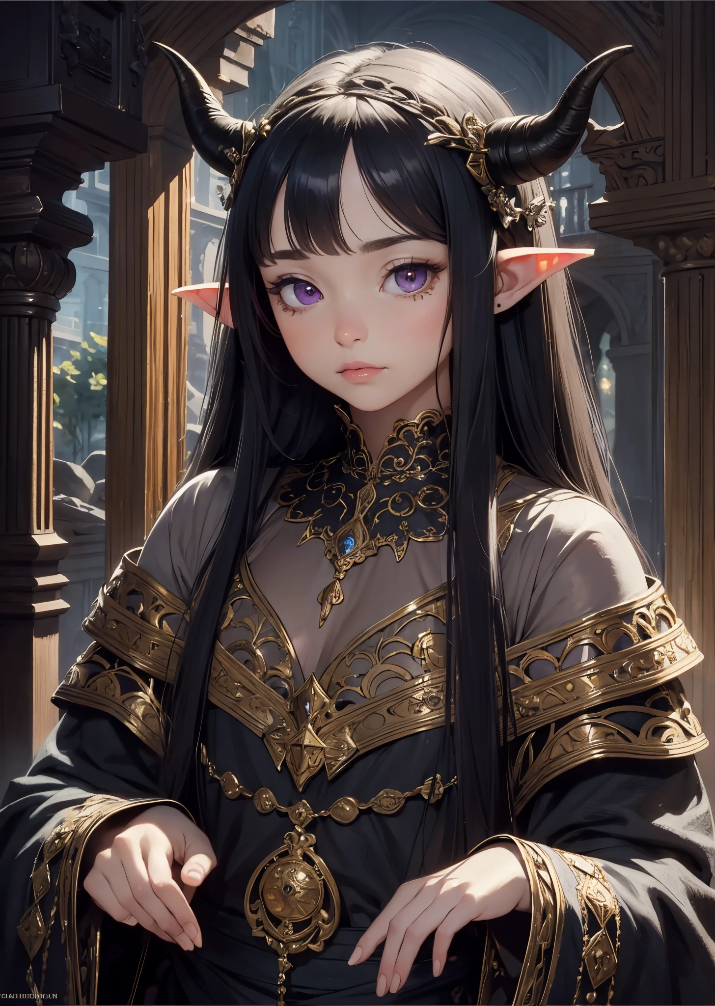 most beautiful artwork in the world, gelfling,black hair long, little horns on head, realistic, intricate detail, nostalgia, Intricate, High Detail, Sharp focus, dramatic, ((perfectly drawn hands)), (purple skin)