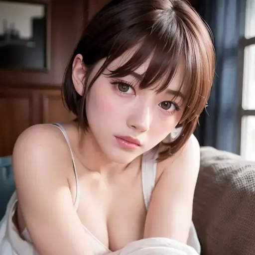 a girl with short brown hair laying on the sofa covered by blanket, clear eye, (look down at the viewer:0.8), detached sleeves, ...