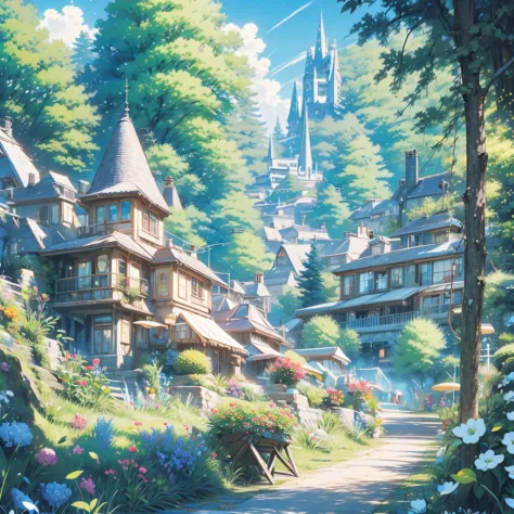 European style house，The Wizarding World of Harry Potter， Anime background art, anime style cityscape, Magical and colorful magi...