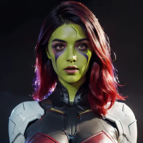 (((masterpiece))), 8k cg, best quality, intricate details, chromatic aberration, ((bust shot)), ((looking at the viewer)), 1girl, ((Character((Gamora)), playful frown, closed mouth, soft lips, purple eyes)), soft face, cute features, cute facial features, ...