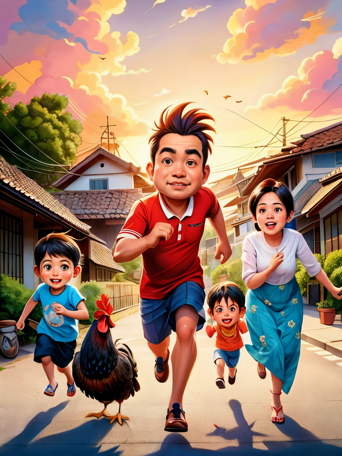 Father mother and children running down the street with a rooster, by Abidin Dino, cartoon digital painting, caricature illustration, an indonesian family portrait, digital cartoon painting art, cartoon digital art, inspired by Rudy Siswanto, cartoon artstyle, realism artstyle, cartoon art, digital art cartoon, realistic cartoon, caricature style, potrait, realism art