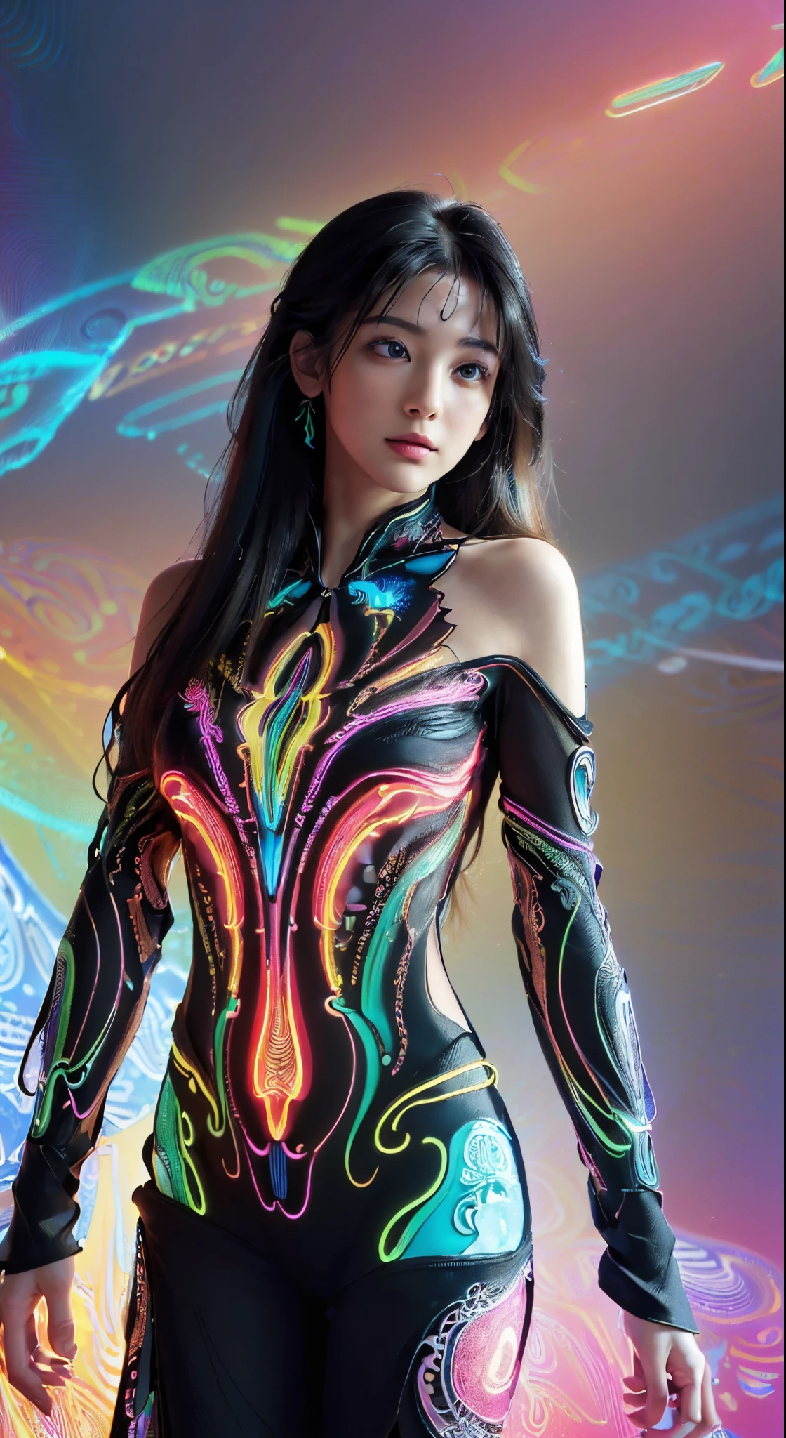 (masterpiece, top quality, best quality, official art, beautiful and aesthetic:1.2), (1girl:1.3), extremely detailed,(fractal art:1.2),colorful,highest detailed,( zentangle neon:1.2), (dynamic pose), (abstract background neon:1.5), (treditional dress:1.2), (shiny skin), (many colors:1.4), upper body ,Neon,16K,Full HD