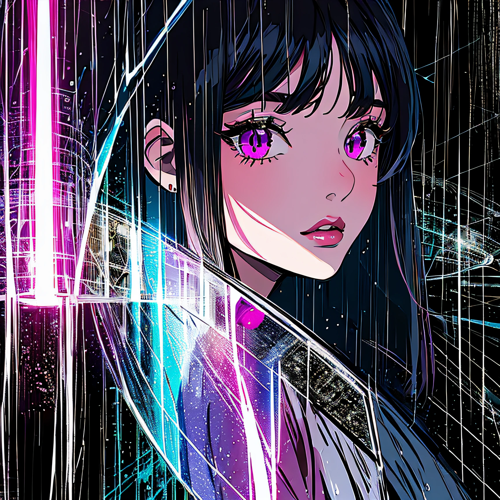 (masterpiece, top quality, best quality, official art, beautiful and aesthetic:1.2), girl, alone in the rain with a jacket in a dark city, extreme detailed,highest detailed, optical mixing, playful patterns, lively texture, unique visual effect