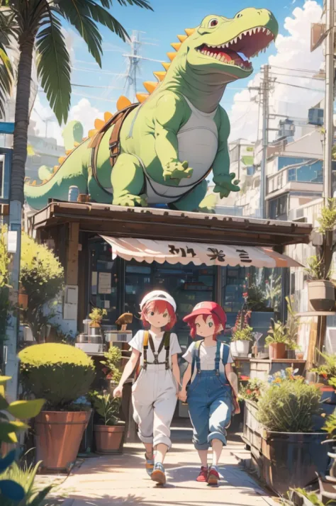 Girl with red hair，Goggles on his head，Wear white overalls，carrying a big backpack，Green dinosaur lizard monster holding a hand，...