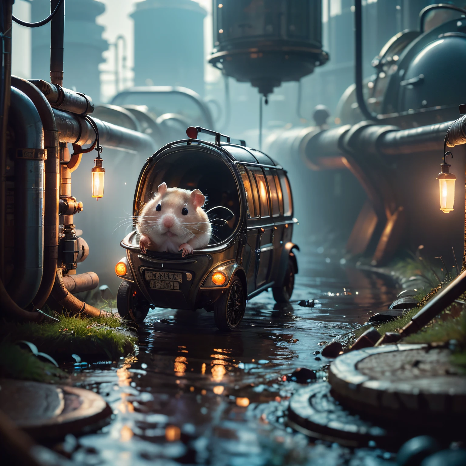 (future hamster:1.3),tmasterpiece，Basic Quality，realistically，offcial art，The content is very detailed，tmasterpiece，Best quality，（The is very detailed的 CG unified 8k 壁纸），（Best quality），（The best illustrations），（The best shadow），Very detailed pictures，（8K，Best quality），A stream flows through an abandoned city，Mechanical hamster in the stream，cyberpunk hamster，sci-fy，Gothic，hyper realisitc，（Luminous illumination， ambientlighting）， chilly， gloomily， magical，