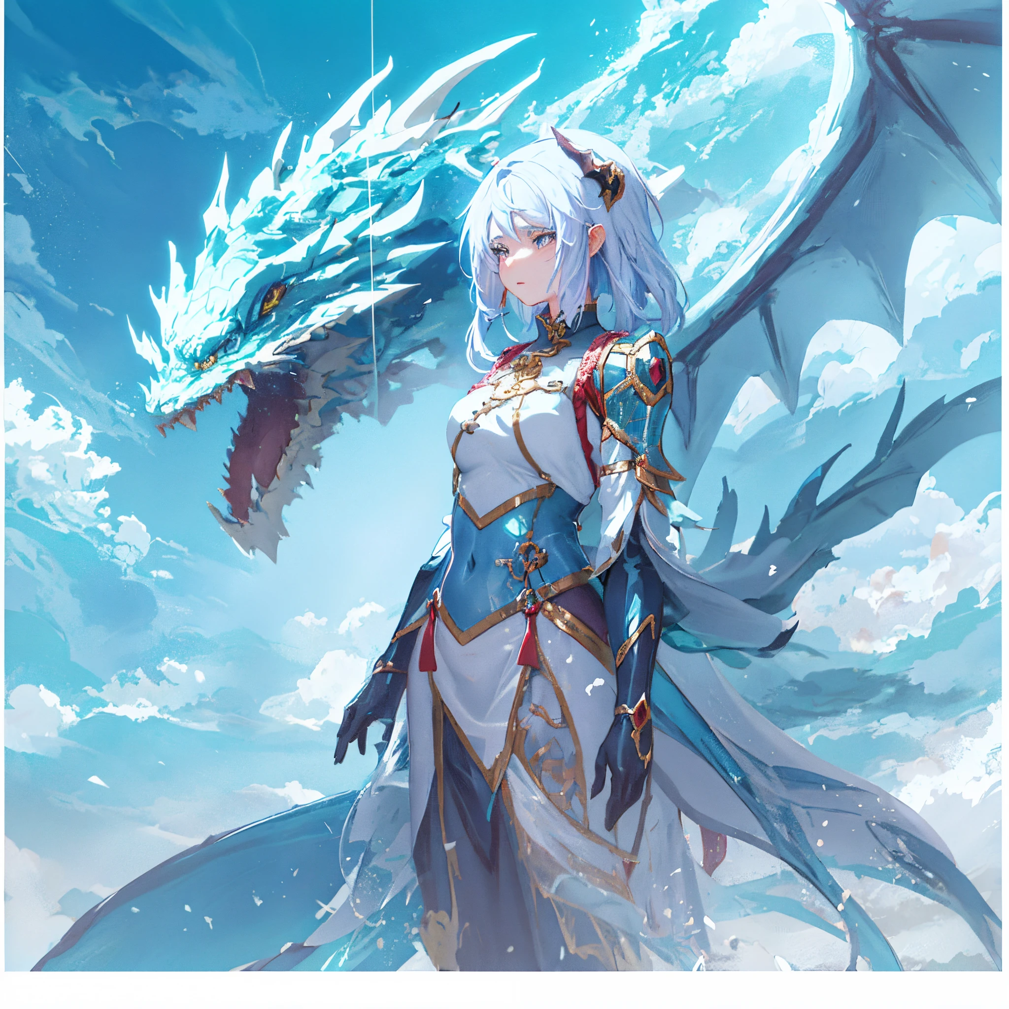 A woman in a white dress holding a dragon in front of a blue sky - SeaArt AI