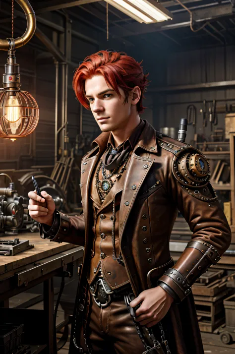 Raw photo, Austin Pierce as young man, red color hair,  inside a metal workshop, steam punk style, have begun to code together i...