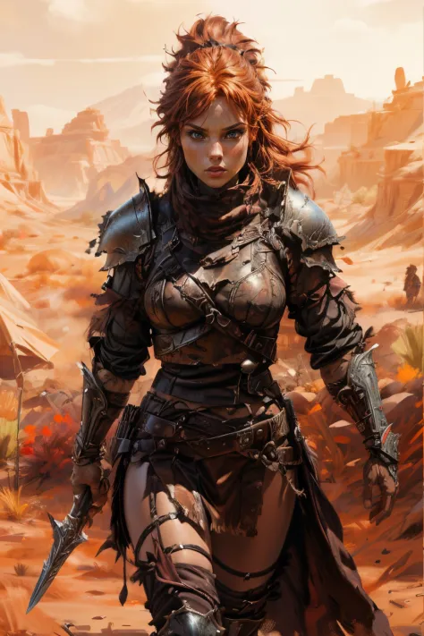 (Best Quality,4k,8K,hight resolution,Masterpiece:1.2), petite girl,- barbarian with red hair, (leather armour) arma, desert in b...
