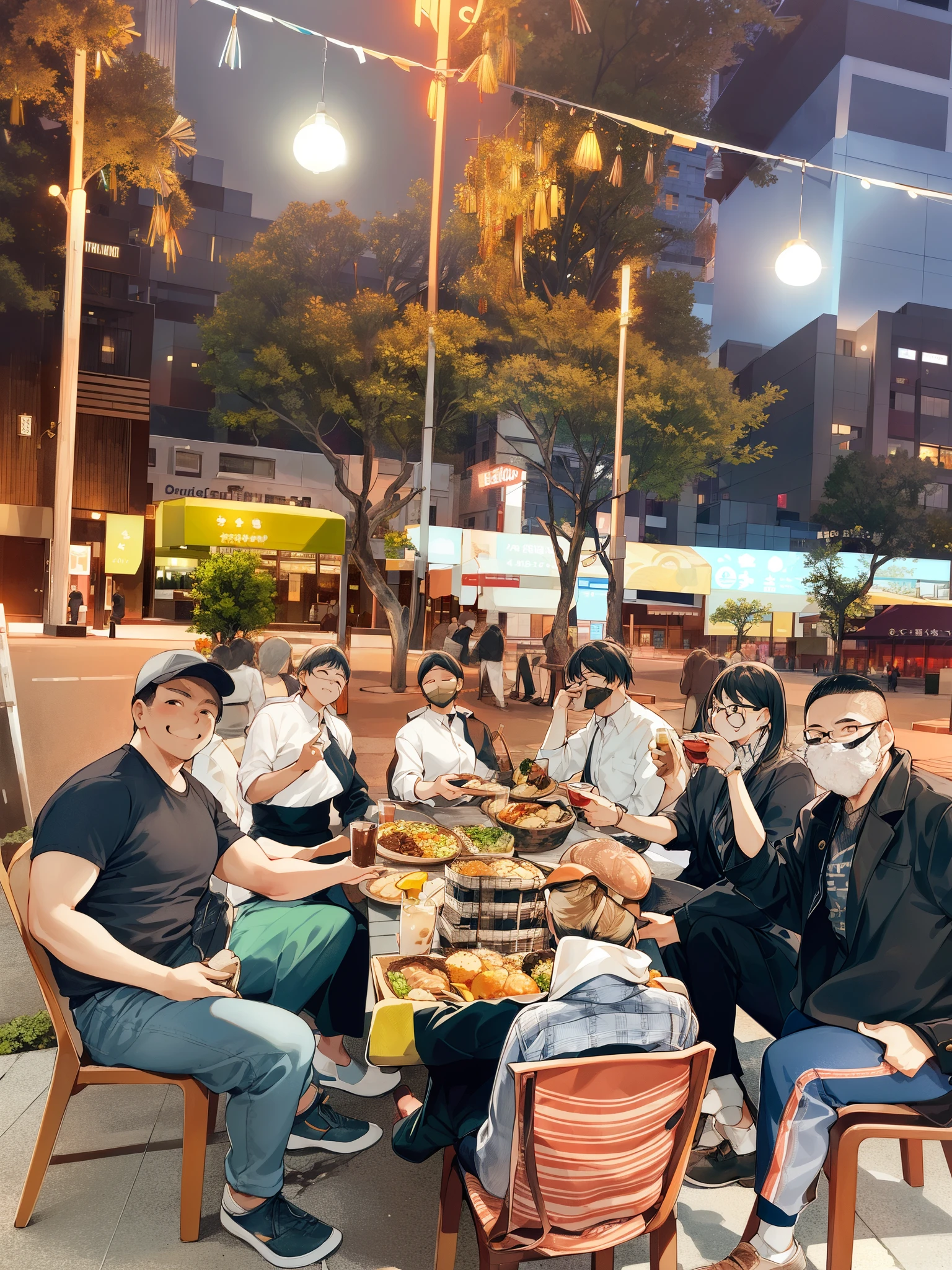 plusieurs personnes assises à une table avec de la nourriture et des boissons, les gens à l’extérieur qui prennent leurs repas, sentiment nostalgique, photo pris en 2 0 2 0, Dans la soirée, fin de soirée, prise au début des années 2020, pris en 2 0 2 0, soirée, manger à l&#39;extérieur, prise en 2022, couverture, la nuit, ambiance du soir