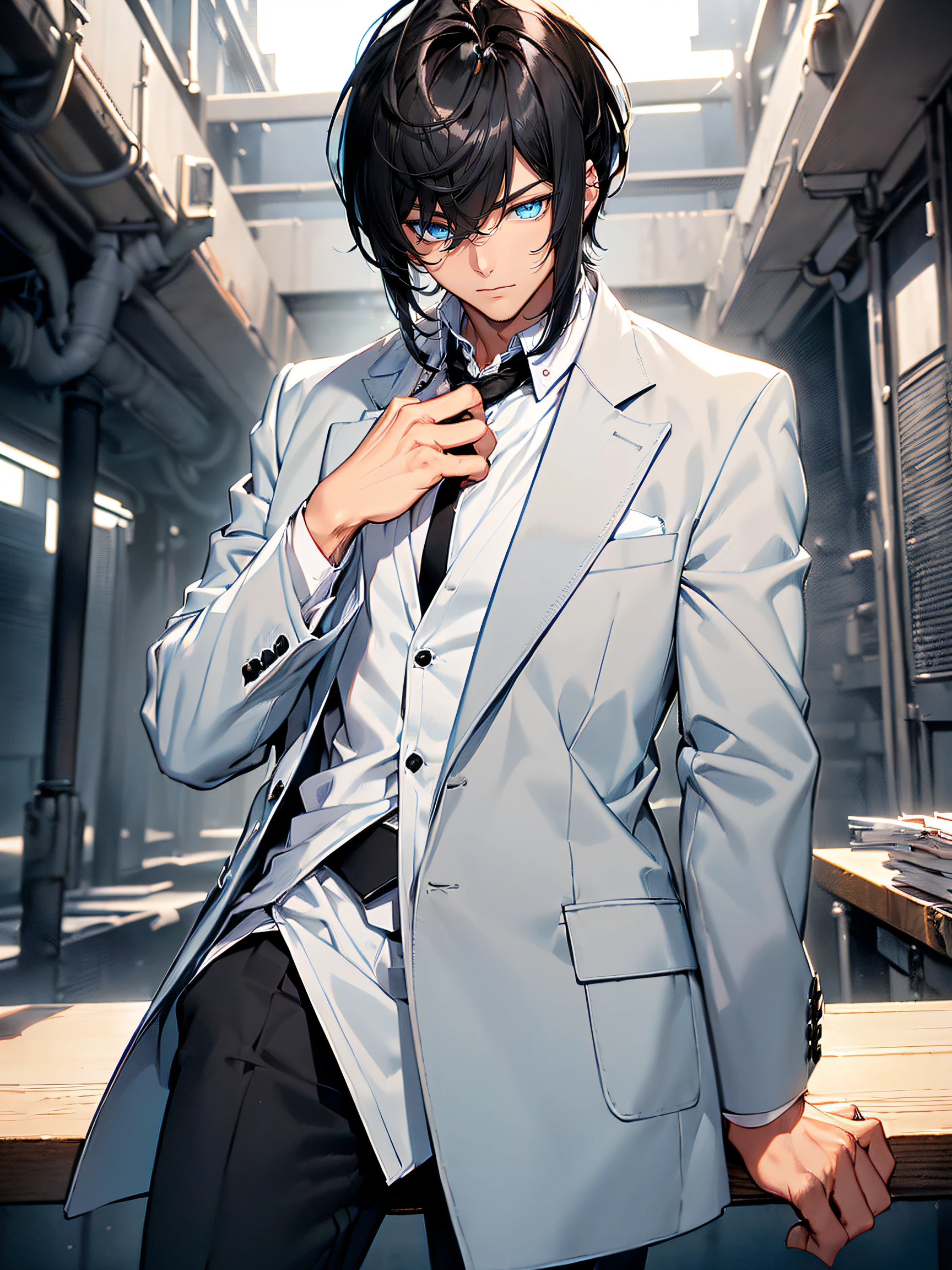 (Handsome boy:1.2), (Black hair with bangs:1.4), ((Blue eyes, bright and attractive):1.5), ((White shirt, Neat and clean):1.2), (Black tie:1.3), (Gray blazer:1.3), (black pants and shoes:1.2)