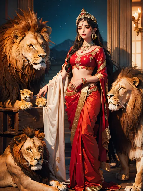 A very beautiful illustration of an indian goddess wearing an aesthetic red saree with a crown sitting with a lion (((1 lion))),