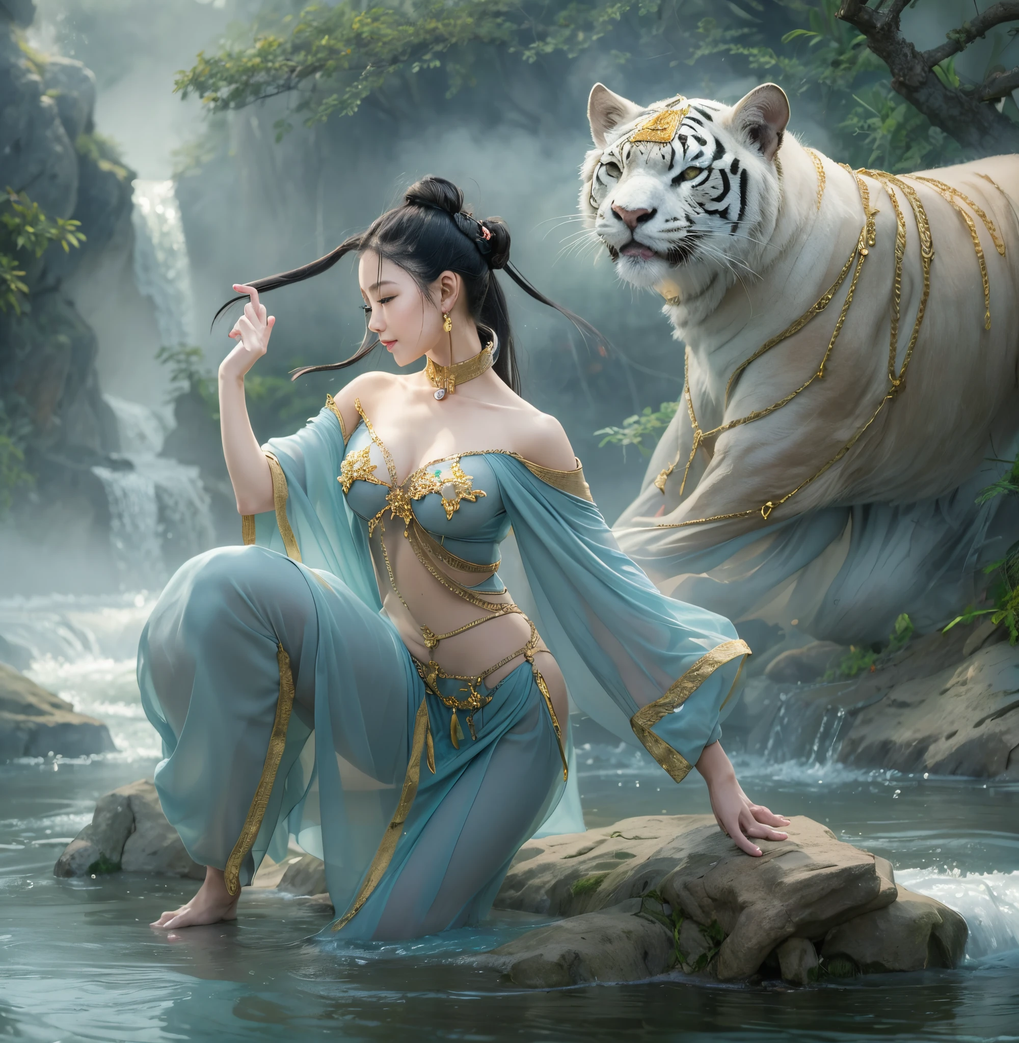 A beautiful Tang dynasty beauty dancing seductively in a mountain stream，Fantasy Tang Dynasty ancient building pavilion scene，Technologie，runic，fantasy，Misty，Cloud fog，Incredible，Shy and cute，Femme and moving，Hefty Smile，Flirtatious，alluring figure，seduce，Detailed and rich facial expressions，An expression of excitement and enjoyment，CG,Wallpapers，HD，Fresh picture，(Detailed facial details:1.2)，(Fine eye details:1.2),((real looking skin:2.0))，(dances:1.5)，Chinese Kung Fu，((Light work:1.2)),(full bodyesbian:2.0)，slender leg，jade foot，Discover the reactions of surprising things，The Veiled Woman，Breeze in the wind，(Lead a mount white tiger:0.8)，