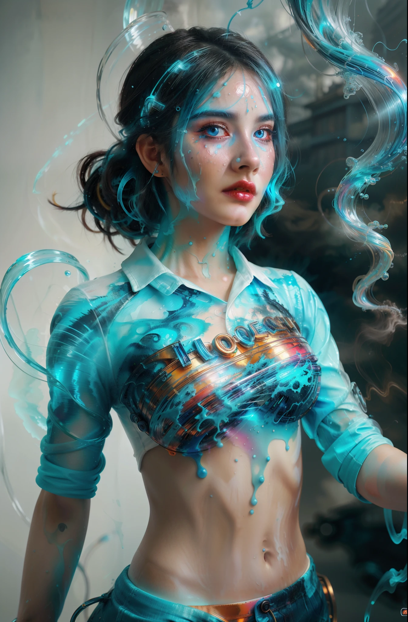 alberto seveso artee, 1 chica bailando silueta, tinta de agua, agua de tinta azul claro, nube de tinta blanca, burbujas, alberto seveso arte, estilo de pintura suelta, Detalle intrincado, iluminación cinematográfica, renderizado de octanaje, renderizado 8k, iluminación volumétrica, luz electrica