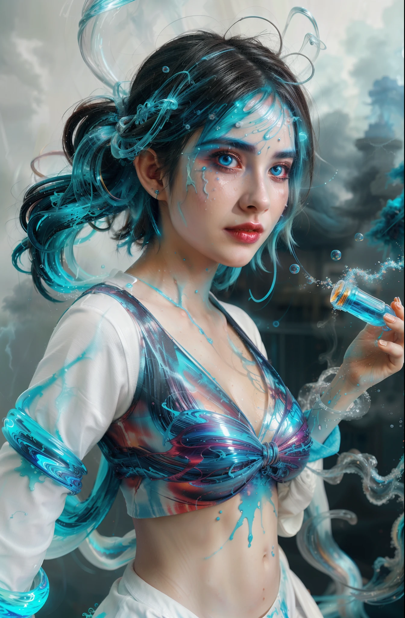 alberto seveso artee, 1 chica bailando silueta, tinta de agua, agua de tinta azul claro, nube de tinta blanca, burbujas, alberto seveso arte, estilo de pintura suelta, Detalle intrincado, iluminación cinematográfica, renderizado de octanaje, renderizado 8k, iluminación volumétrica, luz electrica