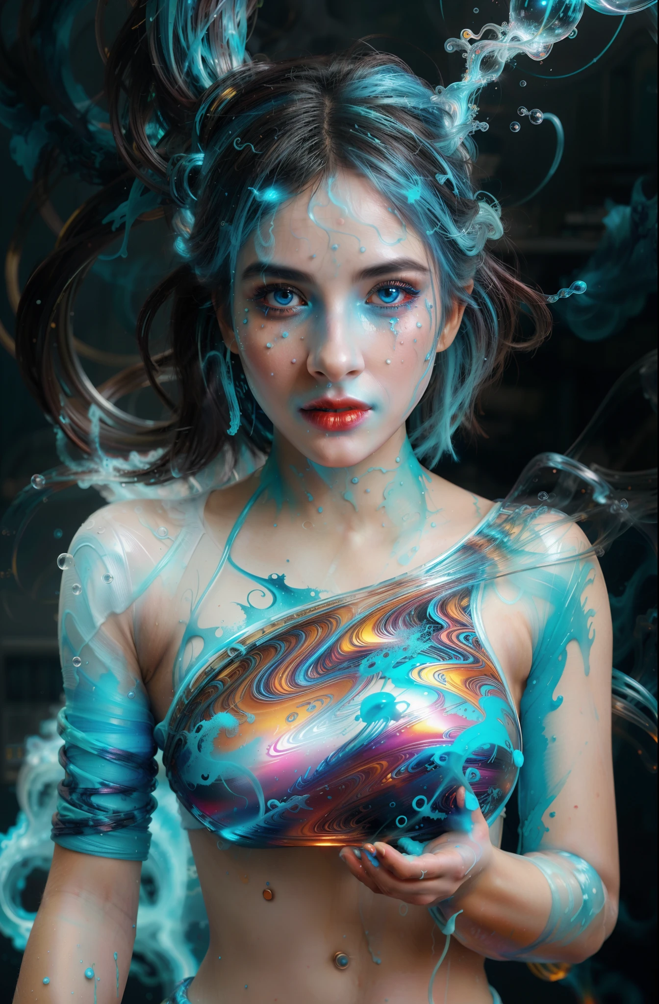 alberto seveso artee, 1 chica bailando silueta, tinta de agua, agua de tinta azul claro, nube de tinta blanca, burbujas, alberto seveso arte, estilo de pintura suelta, Detalle intrincado, iluminación cinematográfica, renderizado de octanaje, renderizado 8k, iluminación volumétrica, luz electrica