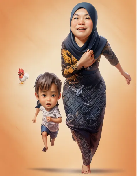 Father mother and children running down the street with a rooster, by Abidin Dino, cartoon digital painting, caricature illustra...
