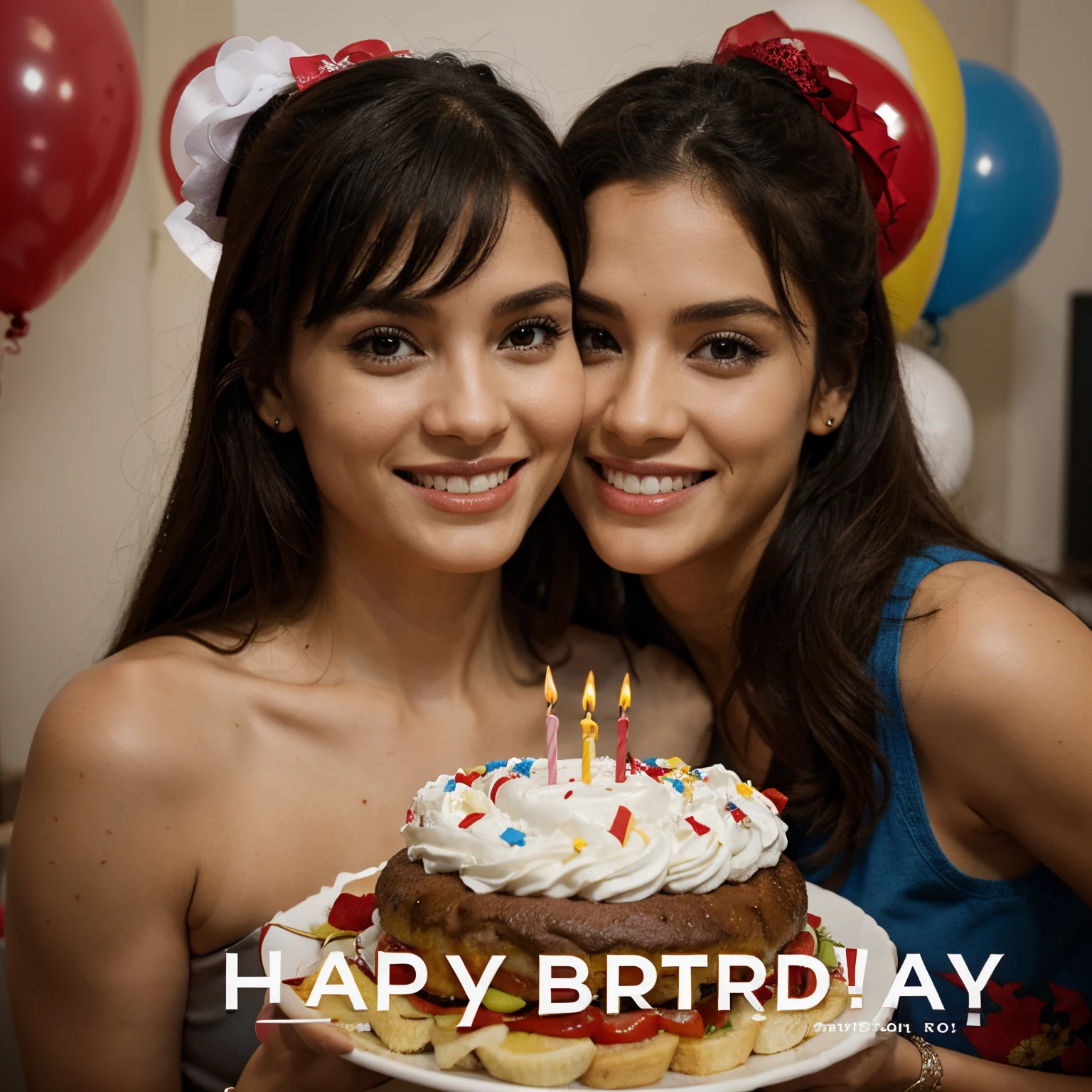 Two young women holding a cake with candles and a happy birthday message -  SeaArt AI