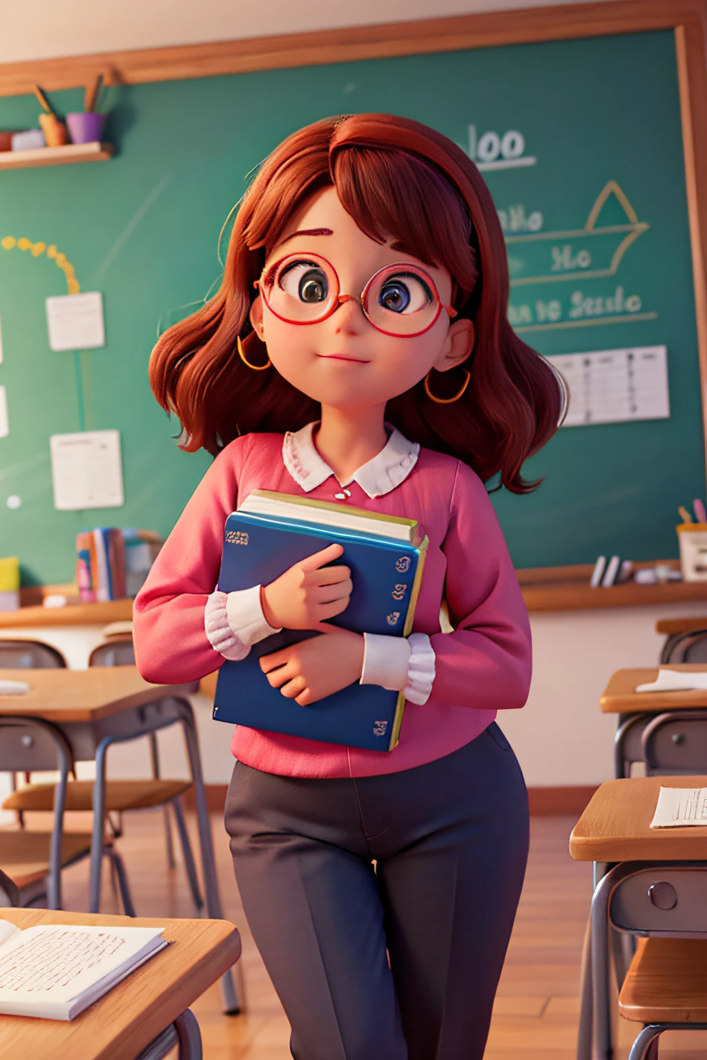 Foto de una profesora , no estilo Disney Pixar, de pie en un aula colorida con alumnos jugando y conversando. Ella es un poco gordita y lleva una blusa burdeos de manga larga y pantalones negros.... Ella sostiene un libro con entusiasmo, su cabello es castaño y muy largo, Tiene una cara alegre, amigable y mejillas grandes y rojas. Ella usa gafas graduadas doradas, marco de ojo de gato.. La habitación está adornada con útiles escolares, Y la escena transmite una sensación de dedicación y afecto por la enseñanza.Ella tiene gafas doradas y es rechoncha