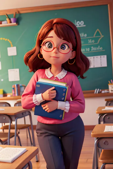 Foto de uma professora , no estilo disney pixar, parado em uma sala de aula colorida com alunos brincando e conversando. She is ...