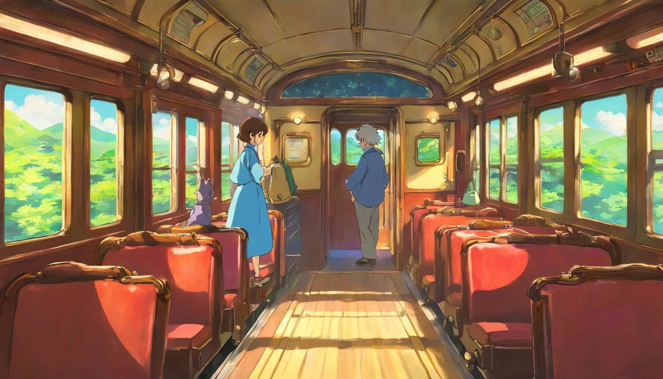 Anime scene of a train with two people on the seats - SeaArt AI