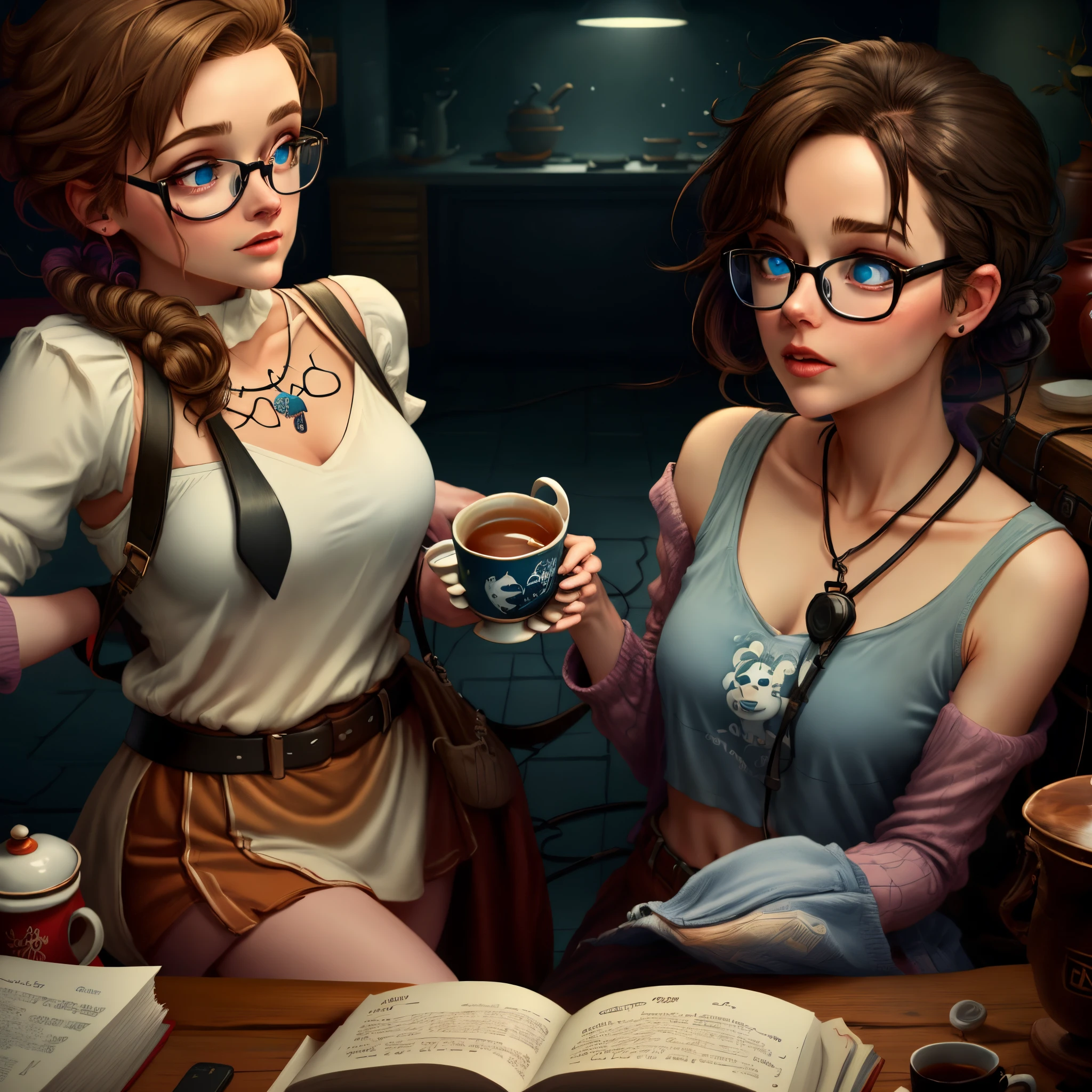 Two women in glasses are sitting at a table with a book and a cup of coffee  - SeaArt AI