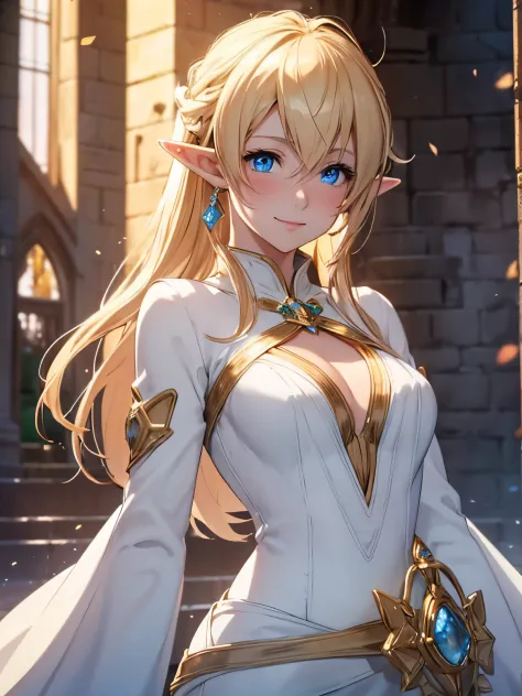 solo elf female with a hourglass figure, bright blushing smile, crystal blue eyes, golden blonde hair, simple white dress, stand...