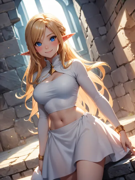 Solo Elf female with a hourglass figure, hot blush, excited smile, blue eyes, golden blonde hair, simple white dress, stone bric...