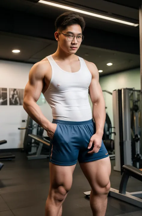 Araffed asian man in a white tank top and shorts standing in a subway -  SeaArt AI