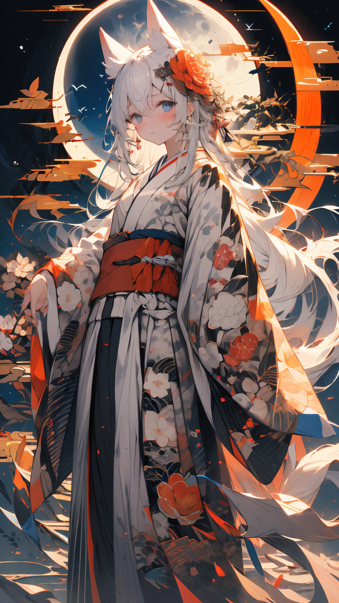 (Meisterwerk:1.2), beste Qualität,pixiv,  As the Mond,
1 Mädchen, Allein, lange Haare, Mond, Betrachter betrachten, full Mond, japanische kleidung, blaue Augen, weißes Haar, Kimono, weite Ärmel, lange Ärmel, Tierohren, Blumenmuster, egasum, Haarverzierung, bangs, Haare zwischen den Augen, Stehen, geschlossener Mund, Schmuck, erröten, Ohrringe, white Kimono, print Kimono