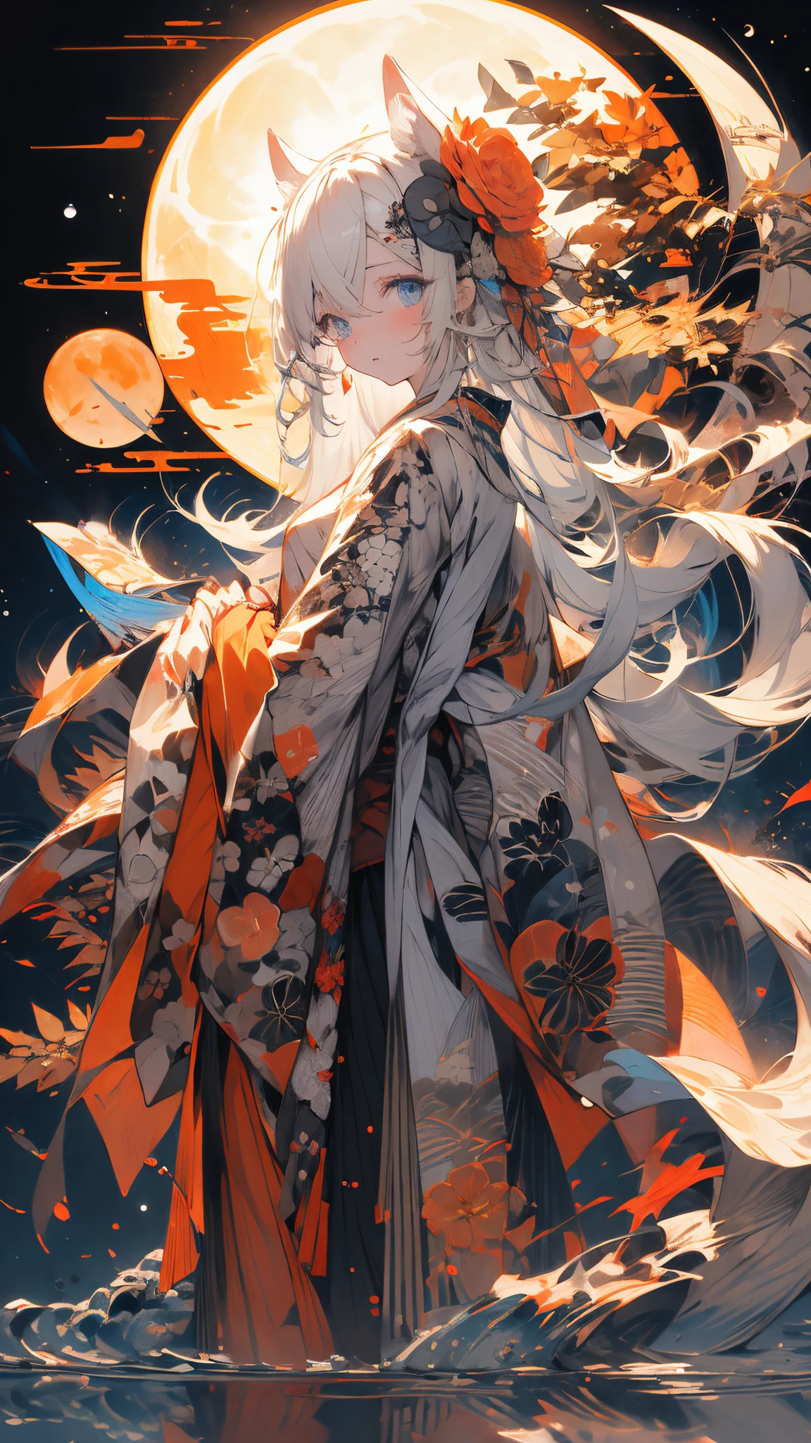 (masterpiece:1.2), best quality,PIXIV,  As the moon,
1girl, solo, long hair, moon, looking at viewer, full moon, japanese clothes, blue eyes, white hair, kimono, wide sleeves, long sleeves, animal ears, floral print, egasumi, hair ornament, bangs, hair between eyes, standing, closed mouth, jewelry, blush, earrings, white kimono, print kimono