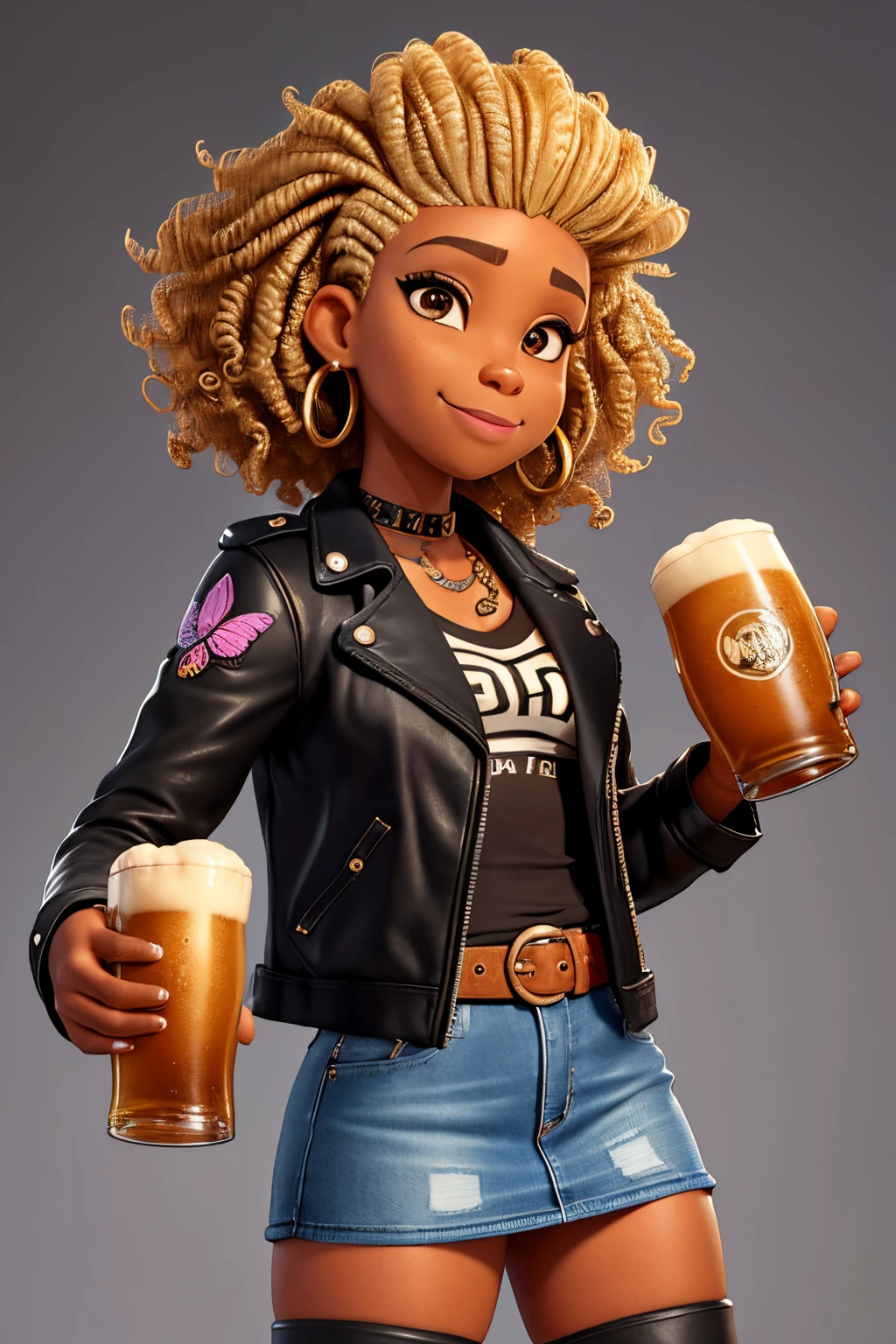 femme noire de 30 ans aux cheveux blonds bouclés rasés sur les côtés, élégante avec une chope de bière à la main, avec des bottes de combat noires, une veste en cuir noir, avec une jupe en jean courte, Accessoires, avec un tatouage de papillon sur le tibia, avec un piercing annulaire au septum, yeux marrons, Bouche pleine, sur un fond représentant un petit pub