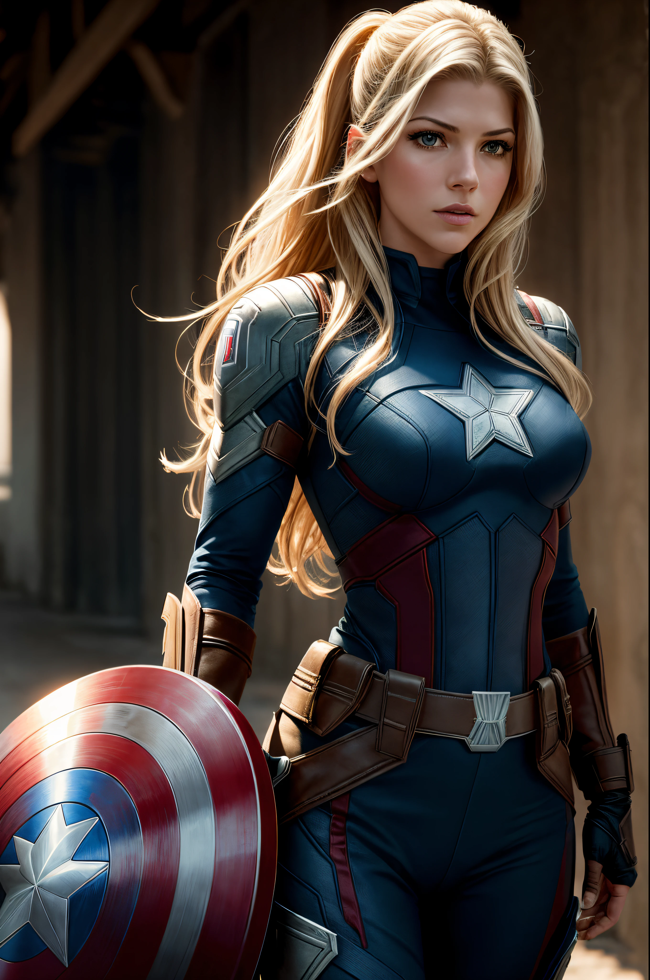 realistisches Bild von Katheryn Winnick als Captain America, Ganzkörperfoto von (Kathwin: 1), (Randbeleuchtung im Haar), scharf, geringe Schärfentiefe, feminin heroisch, (Kurven: 1,2), (Sehr detailliert), (Gewährt), (erstes Werk), Foto aus dem Film, ( HDR), (8K-Hintergrundbild),Kapitän Amerika Kostüm,fliegend,himmel hintergrund,Weiblicher Fokus