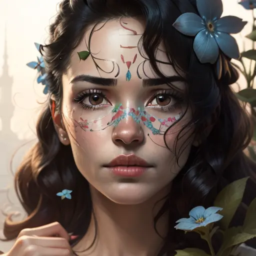 realistic serious looking black haired woman holding a forget-me-not