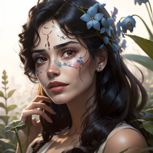 realistic serious looking black haired woman holding a forget-me-not