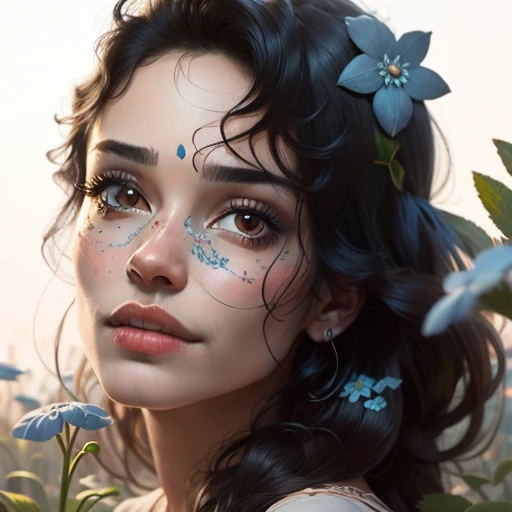 realistic serious looking black haired woman holding a forget-me-not