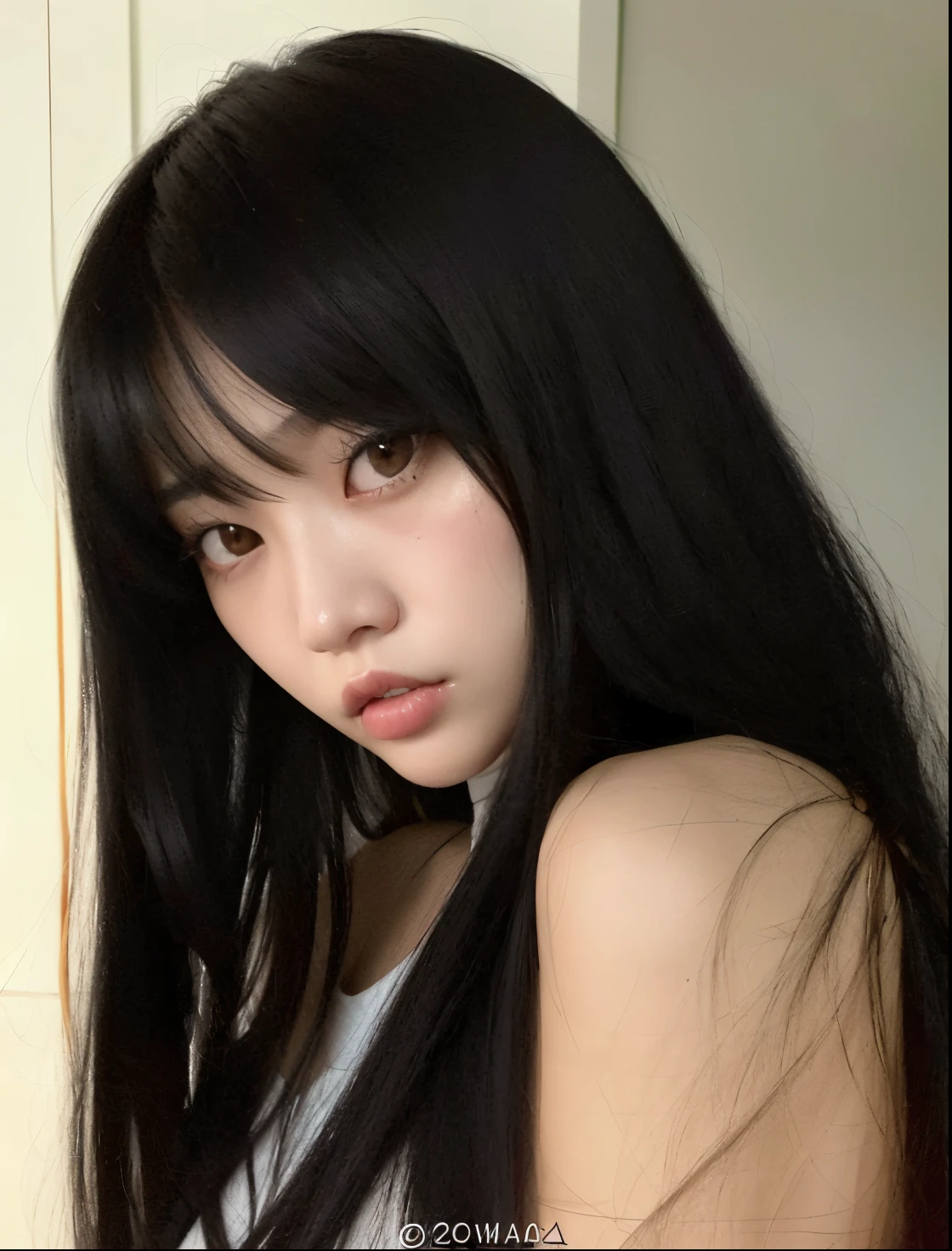 A close up of a woman with long black hair posing for a picture - SeaArt AI