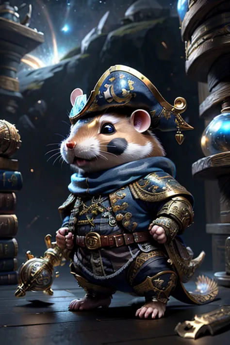 A cute hamster, rpg adventurer clothing, pirate outfit, angle from below, night sky