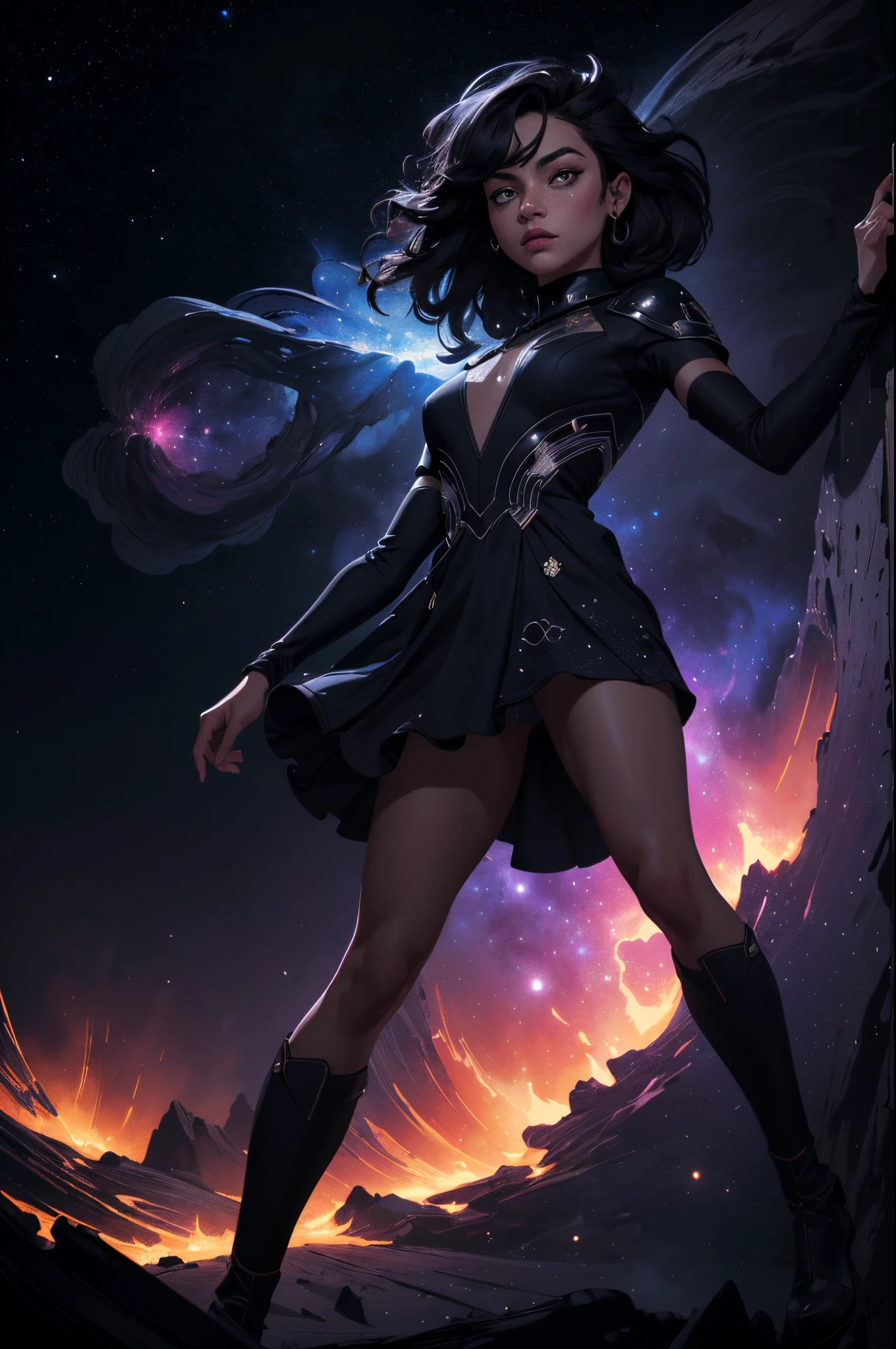 (masterpiece, best quality, highres, high resolution:1.2), extremely detailed, realistic, intricate details, 1girl, solo, looking at viewer, (abstract art:1.3), (dark theme:1.2), art, stylized, deep shadow, dark theme, cosmic dress, cosmic beauty, in space, nebula, (cinematic lighting, bloom, volumetric)