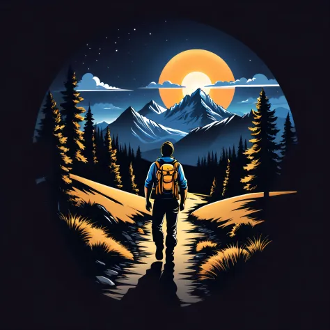 print ready vector t-shirt design, adventure scene with explorer, with beautiful nocturnal sun and mountain in the background, clean white background, professional vector, full shot, 8K resolution, deep impression illustration