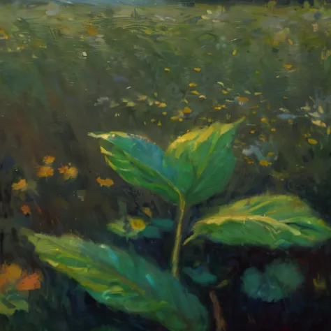 A painting of a field with large leaves and several yellow flowers, Inspired by David Inshaw, Michael Sova, Inspired by Henry Lute, author：David Inshaw, Detailed soft painting, Inspired by Dwight William Tryon, Theodore Kittelson, Inspired by Lila Cabot Pe...