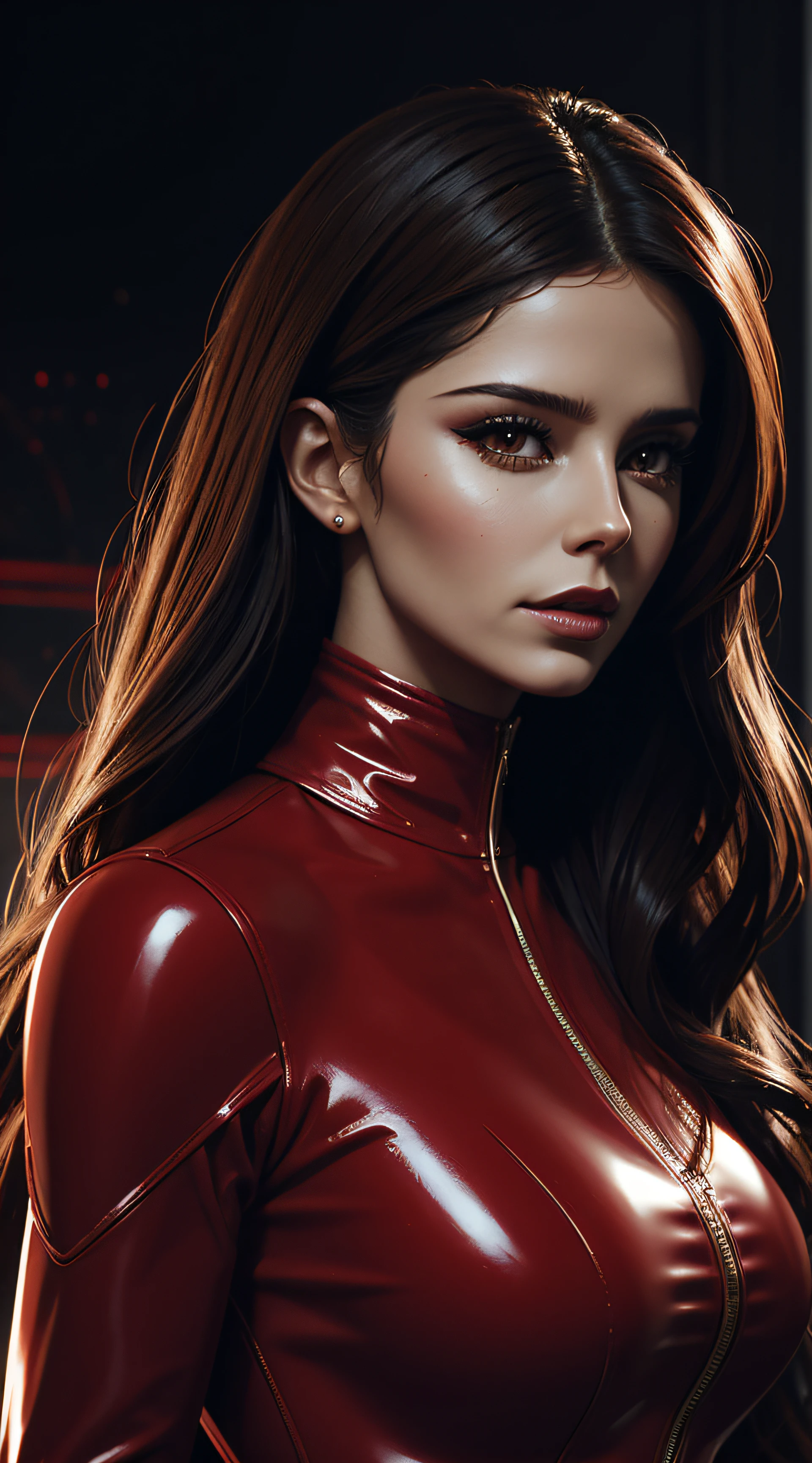 A woman in a red latex outfit posing for a picture - SeaArt AI