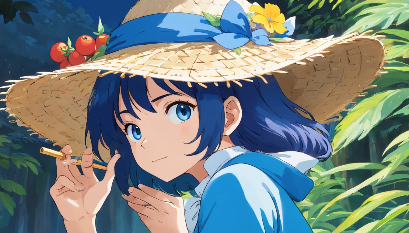 Anime girl in straw hat smoking a cigarette in the jungle - SeaArt AI