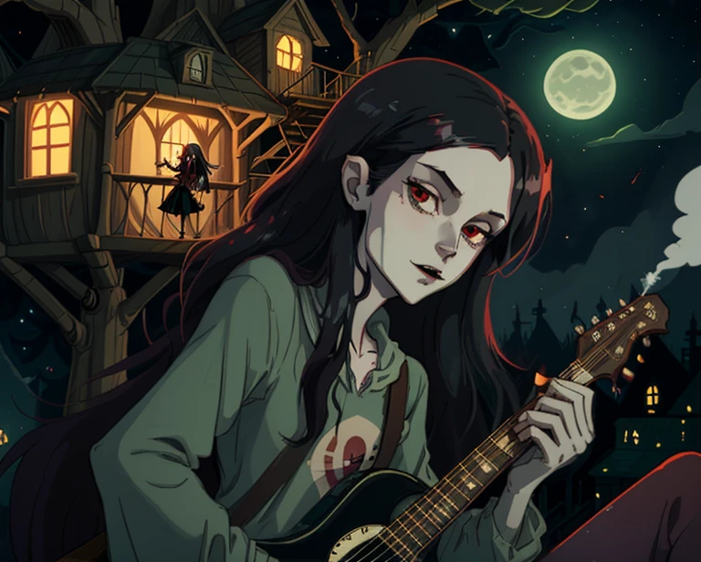 Marceline Abadeer, a rainha vampira, fumando maconha no topo da casa da árvore em hora de aventura à noite