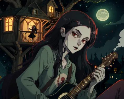 Marceline Abadeer the vampire queen smoking weed on top of the treehouse in adventure time at night