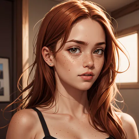 masterpiece, best quality, realistic photo of a girl, long hair, ginger freckles