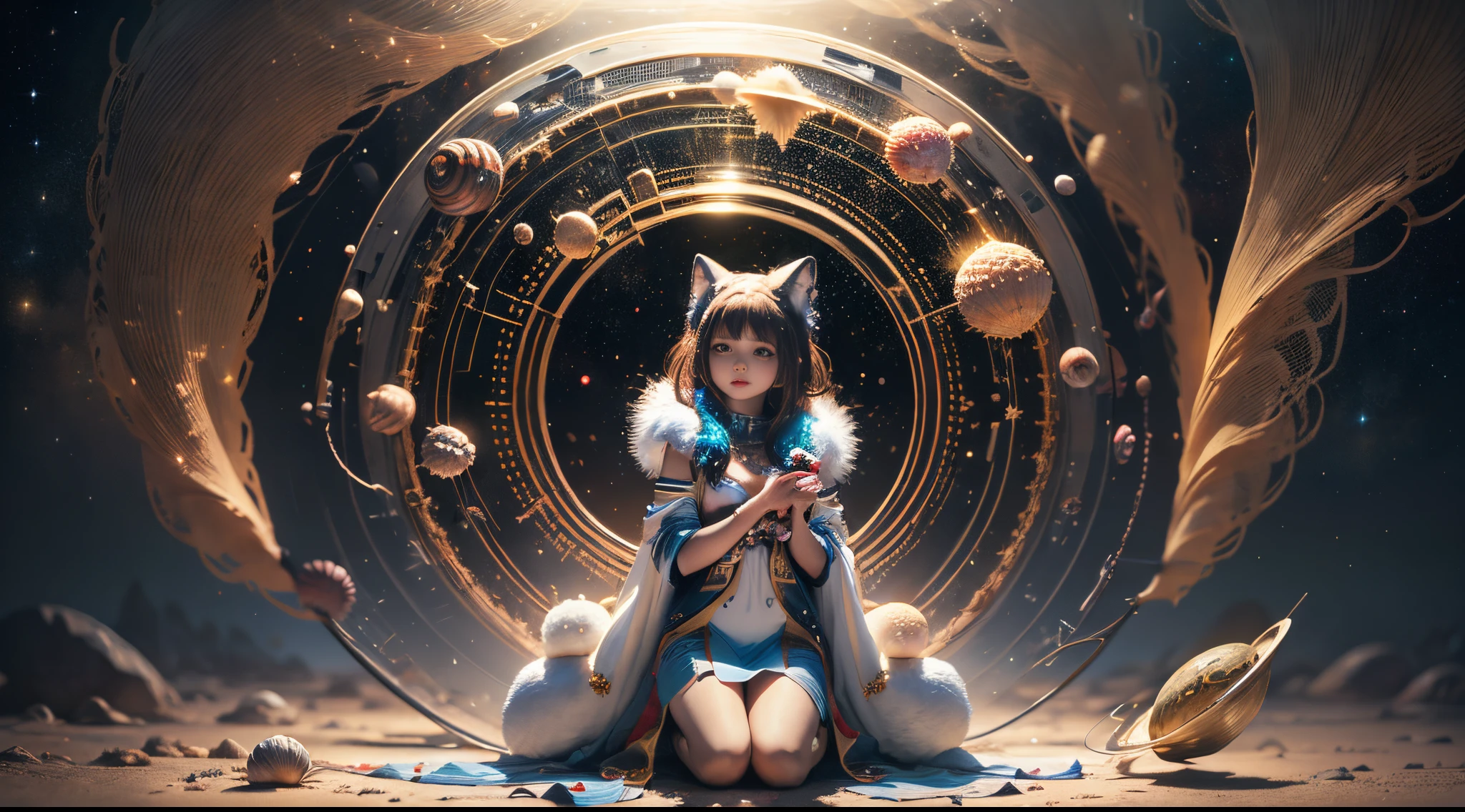 "Young Girl from the stars, (shimmering fur), celestial antennae, shell of wonder, planetary dreamscape, (cosmic enchantment), surreal artistry, vibrant and alien palette",kneeling, wide shot, f/1.8, bokeh